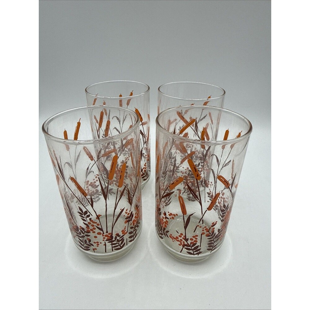 Vintage Libbey Orange Cattail Glasses Set/4 Tumblers Retro 1970s Barware